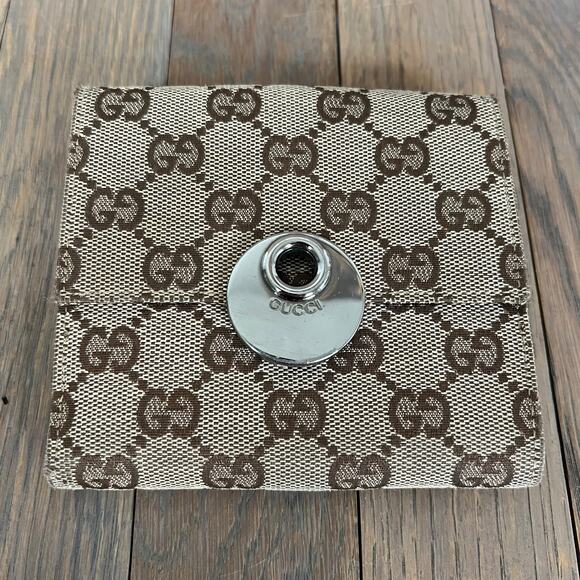Gucci Eclipse GG Signature Logo Print Canvas & Leather Trifold Wallet Brown - Picture 1 of 16